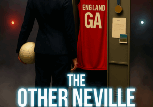 The Other Neville at Oldham Library: Women holding ball facing the inside of a opened locker, with an England jersey inside