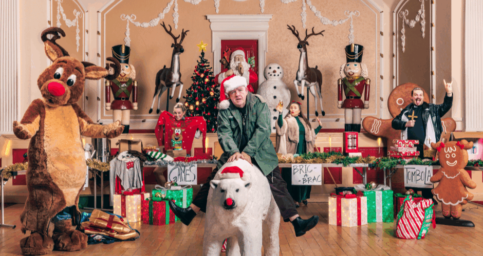 Person with Santa hat sitting on polar bear on center foreground, with chaotic Christmas decorations in the background