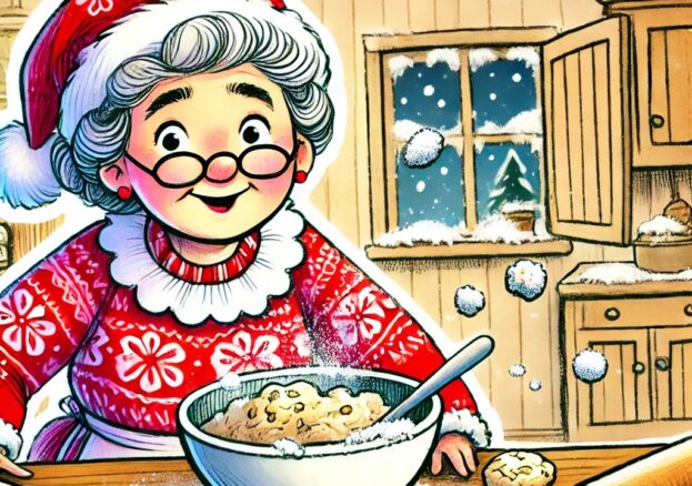 An illustration of an older woman with white curly hair and a Christmas outfit, with a mixing bowl and baked cookies
