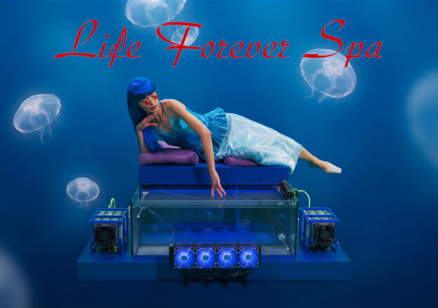 Woman with blue hair and sunglasses lounges next to a tank filled with jellyfish and flanked by cryptominers. The background is blue and has jellyfish floating around. Red text appears at the top and reads: 