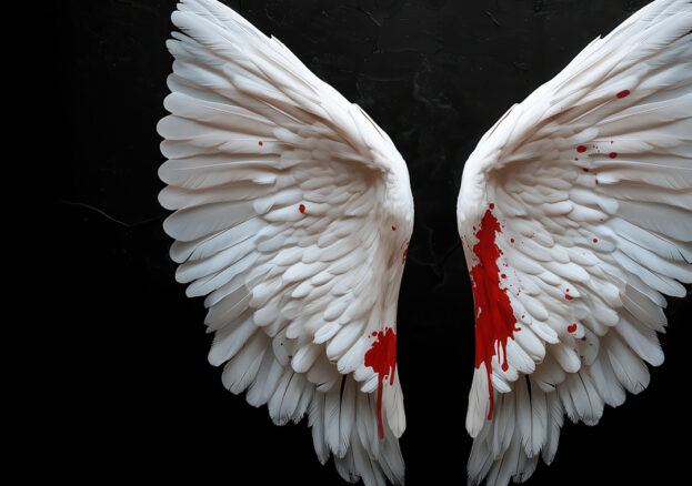 A pair of white angel wings displayed against a dark, black background. The lower parts of the wings are stained with vivid red, resembling blood splatter.
