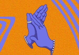 Illustrated purple hands applauding on an orange background.