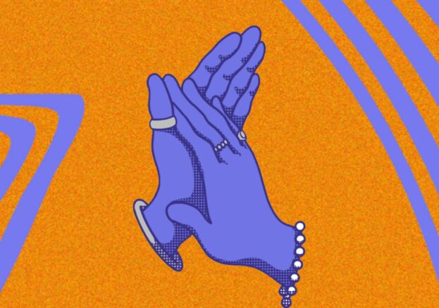 Illustrated purple hands applauding on an orange background.