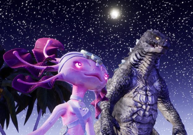 Two 3D rendered digital characters, a pink axolotl and a grey dinosaur, stare off into the distance. Behind them is a purple starry sky, with a full moon overhead. 