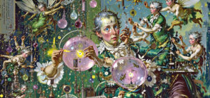 A busy image created using generative AI. The image depicts a man at the centre with grey hair and rosy cheeks, surrounding him are fairies that appear to be created in his own image with multiple limbs and unique bodily proportions. Around them are hundreds of vials, microscopes and dated scientific equipment. 