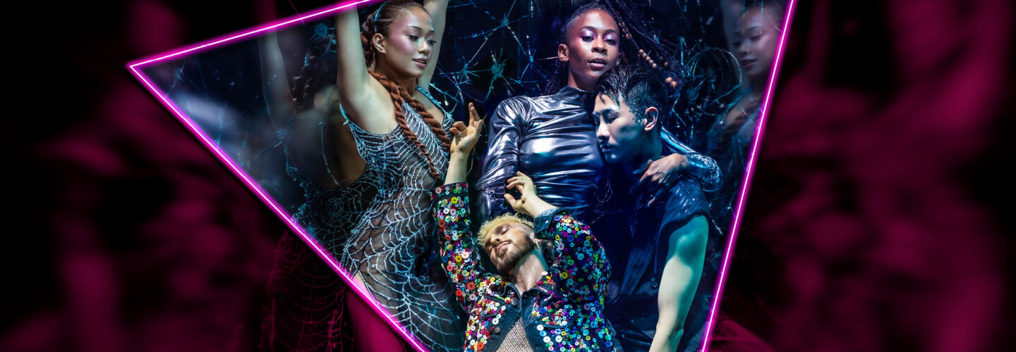 The cast of It's a Sin dance in a club like setting in bright glittery clothes.