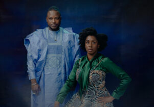 Nwando Ebizie and Sidiki Dembélé wear jewel-toned clothes against a midnight blue backdrop.