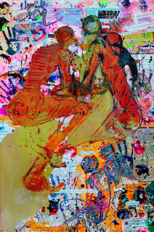 A densely layered digital-acrylic hybrid composition showing several overlapping abstract human figures in orange, red, green and blue. The figures sit against a collage-like background containing fragments of text, printed material, expressive paint marks, spirals and areas of vivid pink, orange and white.