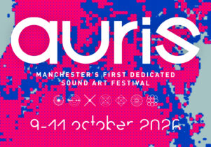 Auris sound art festival banner image, takes place 9-11th October, with colourful background