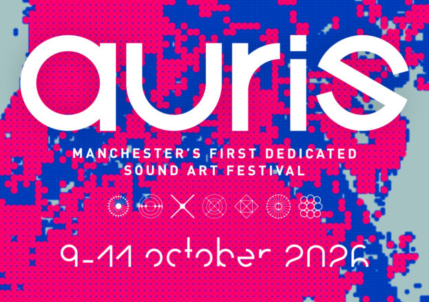 Auris sound art festival banner image, takes place 9-11th October, with colourful background