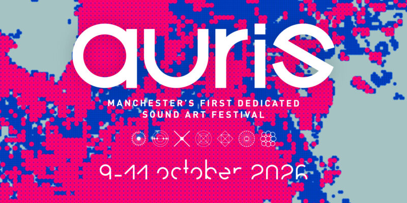 Auris sound art festival banner image, takes place 9-11th October, with colourful background