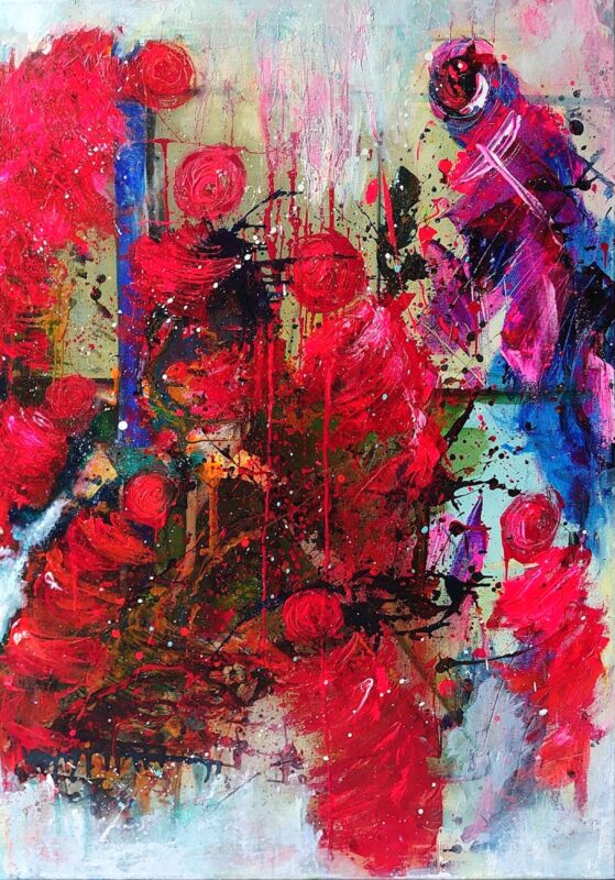 A pale pink and blue painting filled with loosely drawn, overlapping human figures, colourful circular forms, paint splashes and handwritten words and phrases. Areas of orange, turquoise, yellow, red and green emerge through the layered surface, creating a fragmented, energetic composition.