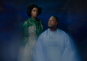 Nwando Ebizie and Sidiki Dembélé wear jewel-toned clothes against a midnight blue backdrop.