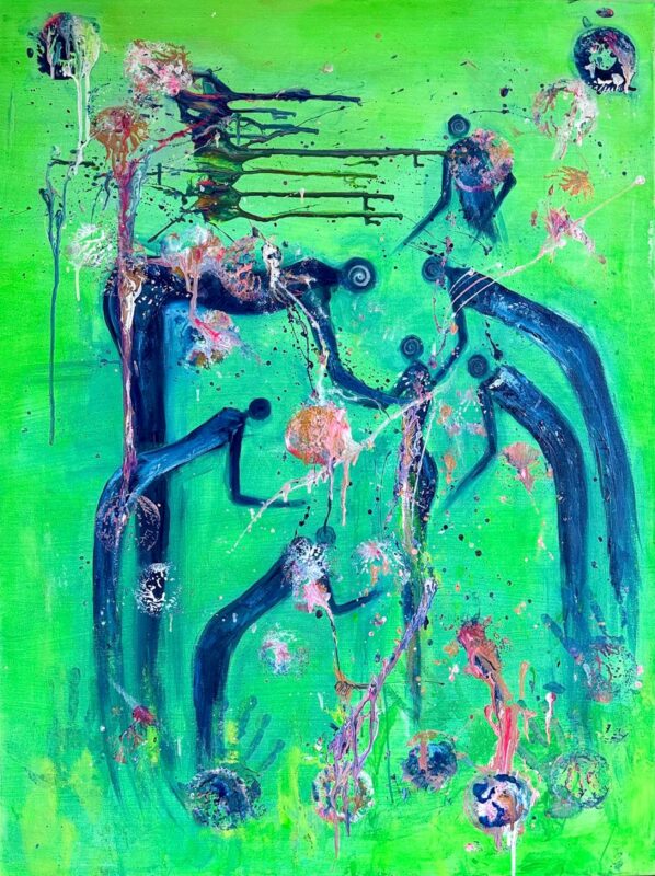 A vivid green painting populated by elongated, abstract human figures in dark blue. The figures bend, reach and connect across the canvas amid energetic drips, splashes, circular forms and layered marks in pink, blue, white and earthy tones.