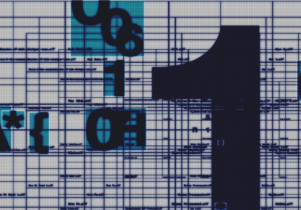 a pixelated white screen background with dark blue lines crossing over. light blue boxes with dark blue random numbers and letters. Dark Blue Number 1 off centre to the right. Small dark blue illegible text scattered