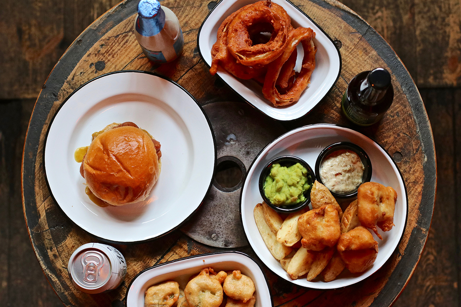 Burger, onion rings and sides