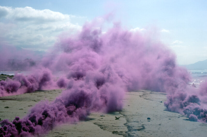 Judy Chicago Purple Atmosphere, 1969 Fireworks performance Performed at Santa Barbara Beach, Santa Barbara, CA © Judy Chicago/Artists Rights Society (ARS), New York Photo courtesy of Through the Flower Archives