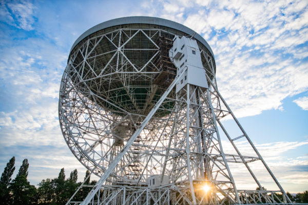 Jodrell Bank telescope pointed up to the sky. It's story will be explored in the science show