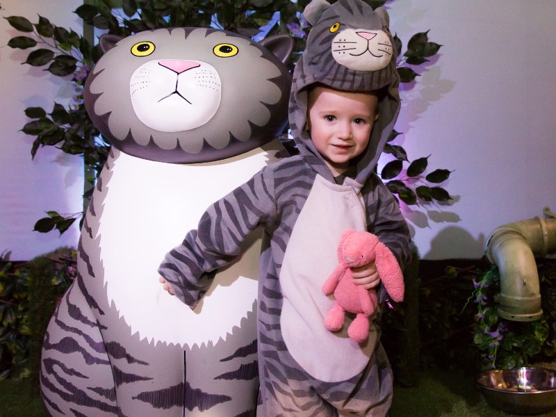 Boy dressed up as mog as part of The Tiger Who Came to Tea and the Adventures of Mog the Forgetful Cat exhibition